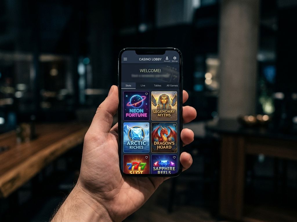 Smartphone displaying casino game lobby on screen